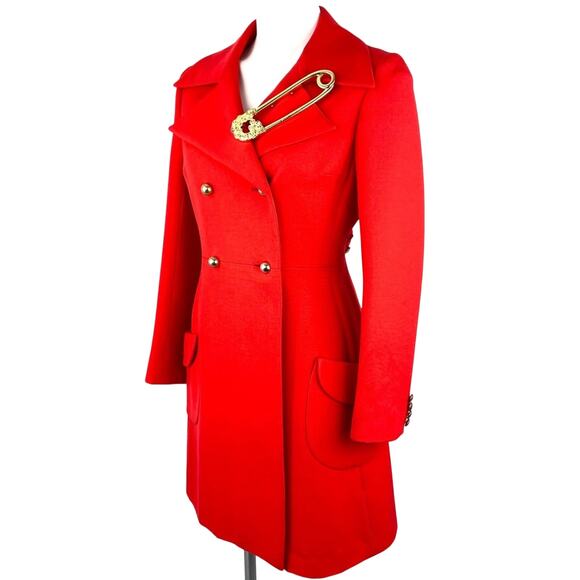 Vintage DEJAC PARIS Red Poplin Double Breasted Coat L + Betsey Johnson Pin - Picture 5 of 16